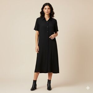 Chanel Black Silk Shirt Dress Womens Size 36 US 4 Short Sleeve Collar Minimalist